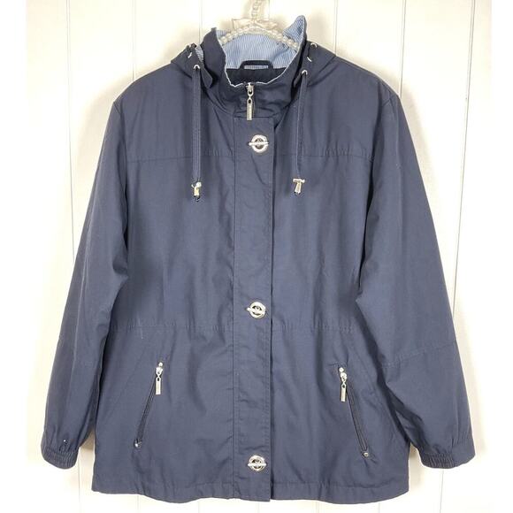 Mackintosh New England Navy Womens Rain Jacket Pin Striped Detachable Hood SZ L - Picture 1 of 8